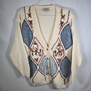 Cabin Creek Cream Cardigan with Blue Panels and Floral Embroidery Size Large